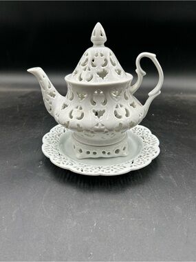 White Ceramic Decorative Teapot with Pierced Design candle holder Pier 1